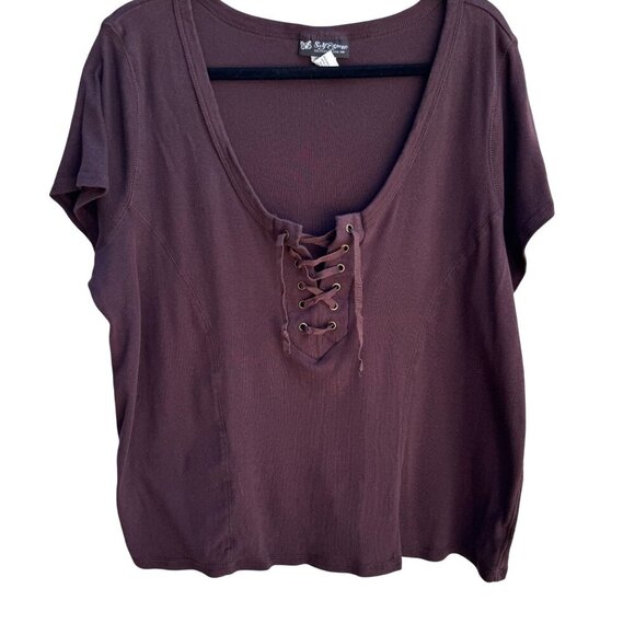 Self Esteem Vintage Y2K Brown Lace-Up Scoop V-Neck Cotton Womens Shirt Top 22/24 - Picture 1 of 7